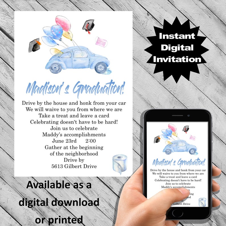 Graduation Party Invitations 2020 drive through parade during quarantine digital download graduation template svg mockup card pdf boy girl