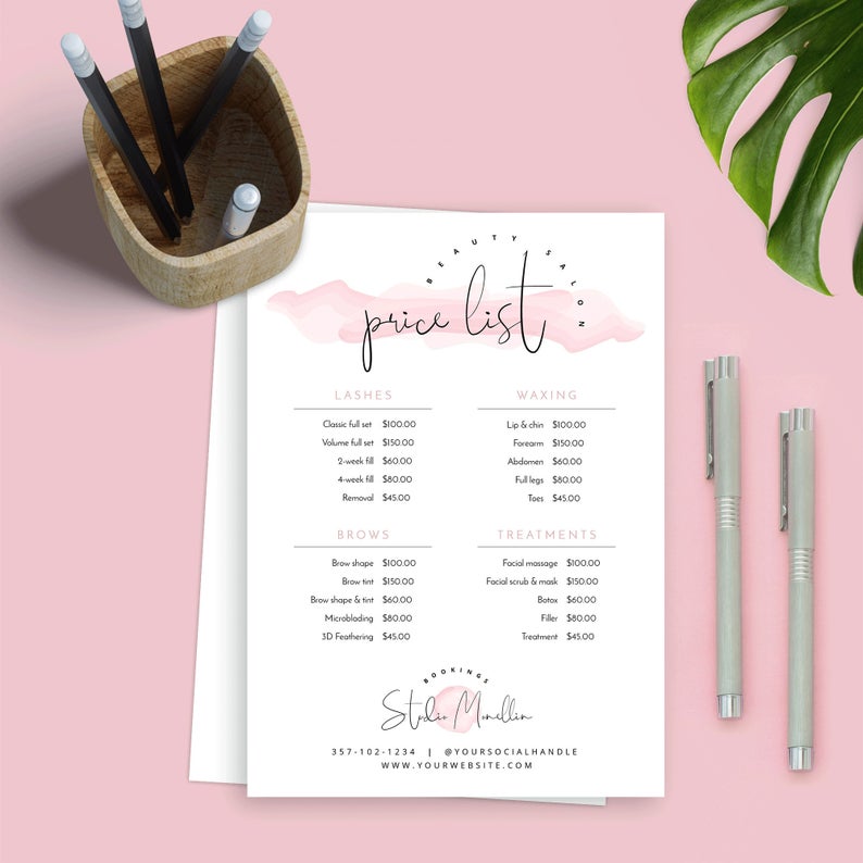 Elegant Price List Template, Printable Price Lists, Beauty Salon Price List Templates, Editable Business Price Sheet, Feminine Menu Corjl
