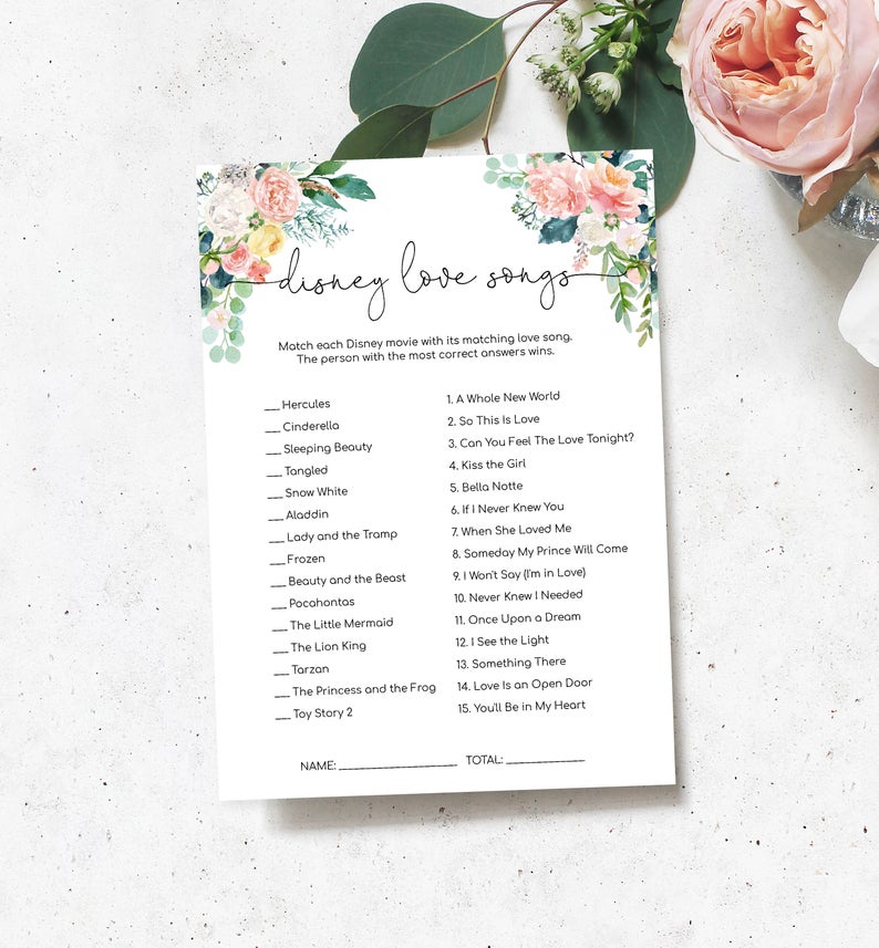 Printable Bridal Shower Disney Love Songs Game – Editable Hen’s Party Game – Blush Floral Bridal Shower Game – Afternoon Blooms