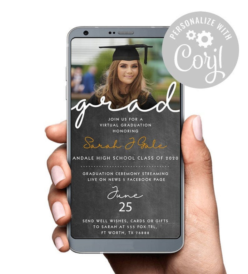 Grad Virtual Graduation Digital Text Invitation for Streaming Graduations Try Before You Buy Upload Senior Picture Corjl Template