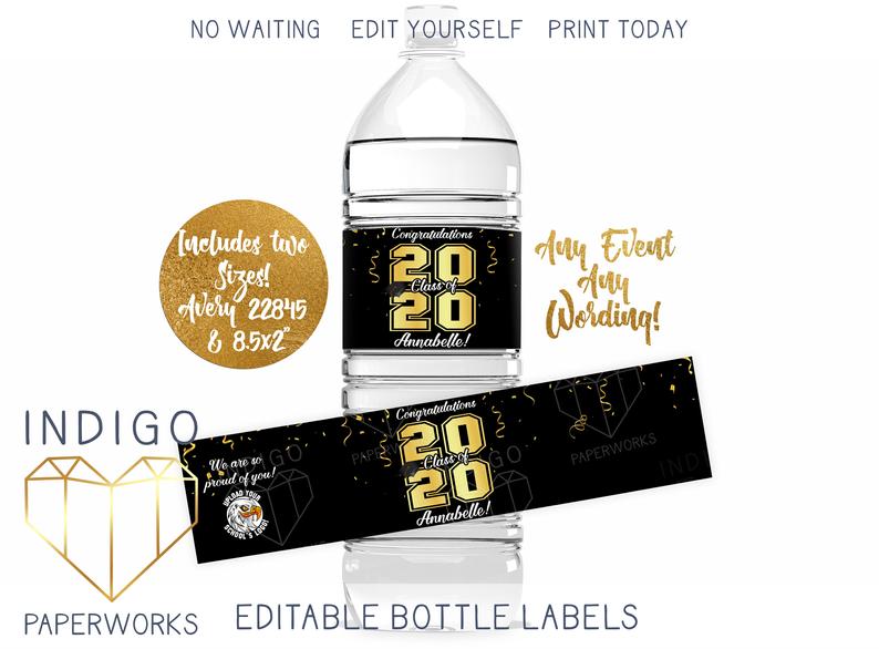 Printable 2020 Graduation Water Bottle Labels, Custom Personalized Black and Gold Confetti Labels for Avery 22845 Instant Download