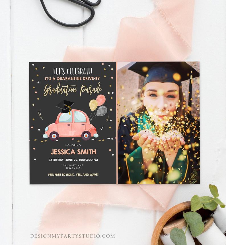 Editable Drive By Graduation Parade Invitation Virtual Party Coral Girl Graduate High School Grad Class 2020 Quarantine Digital Corjl 0337
