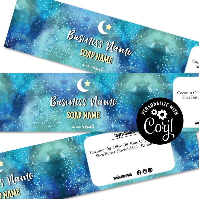 Soap Labels – Moon and Stars. Editable Soap Template. Printable Custom Wrap Around Label. Personalize w/ Corjl Online, Download/Print