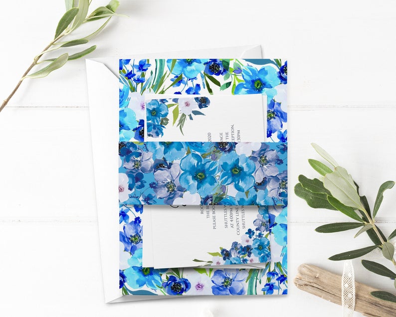 Blue Flowers Belly Band, Wedding Belly Band, Editable Printable File, Instant Download, WI134