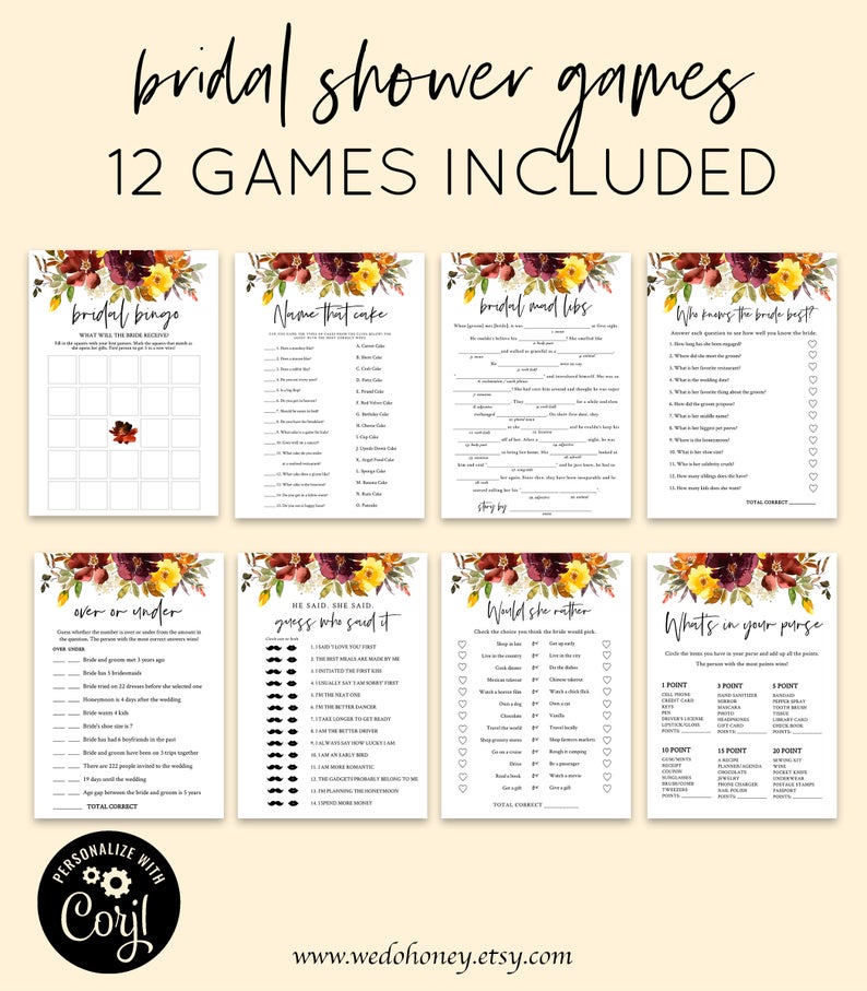 Autumn Bridal Shower Games Package, Burgundy Orange Yellow Flowers, Personalize Name and Questions, Editable Games with Corjl