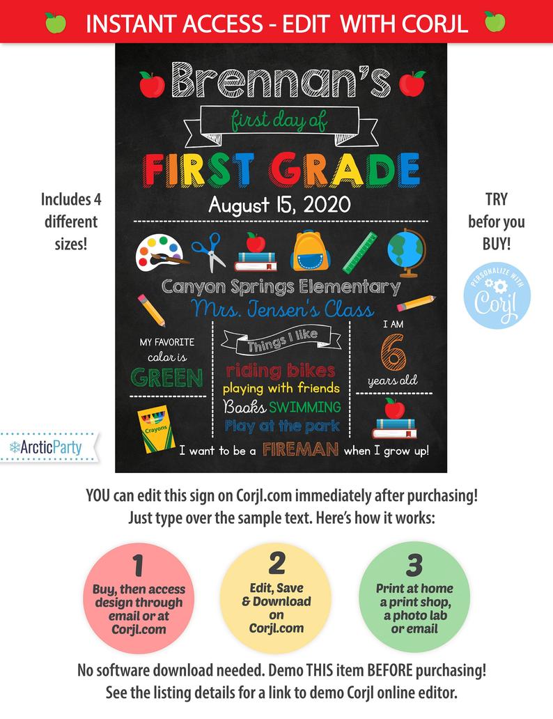 First Day of School Sign – Back to School Sign Template – Back to School Chalkboard Sign – First Day of School Chalkboard – INSTANT ACCESS!