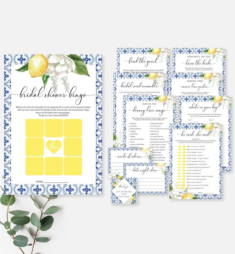 Mediterranean Blue Tile Lemons Bridal Shower Games Bundle Pack – Hen’s Party Games – Greece – Capri – The Med – Instant Download