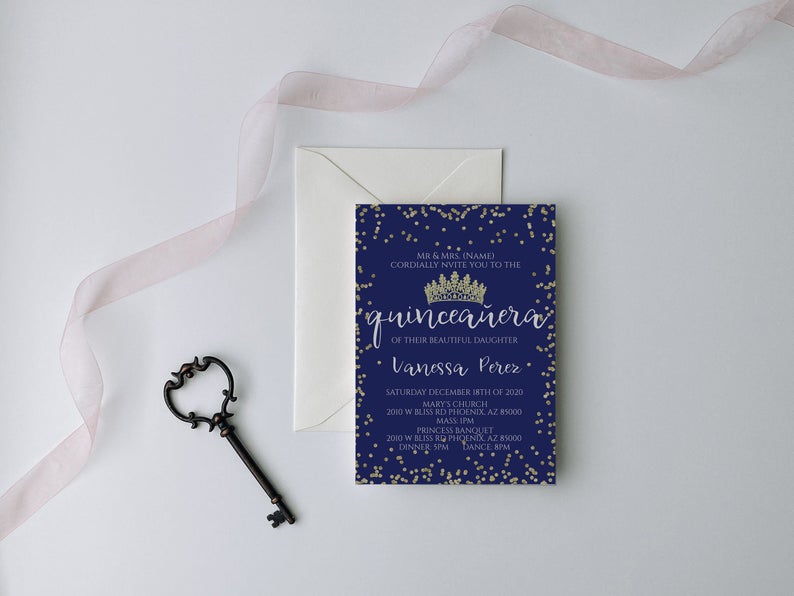 Blue and Gold Quinceanera Invitation, Quinceanera Invitation, Invitation in Spanish, Invitacion de Quinceanera, Quinceanera Template