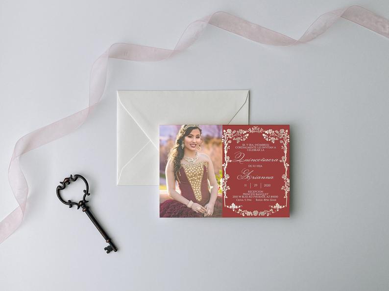 Red Quinceanera Invitation with Photo, Quinceanera Invitation, Invitation in Spanish, Invitacion de Quinceanera, Quinceanera Template