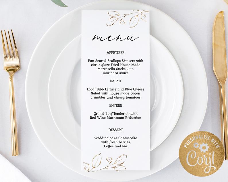Wedding Menu Template, Modern Calligraphy Menu Card, Elegant Wedding Dinner Menu Card, Gold Menu Template, Corjl Template – CLG1