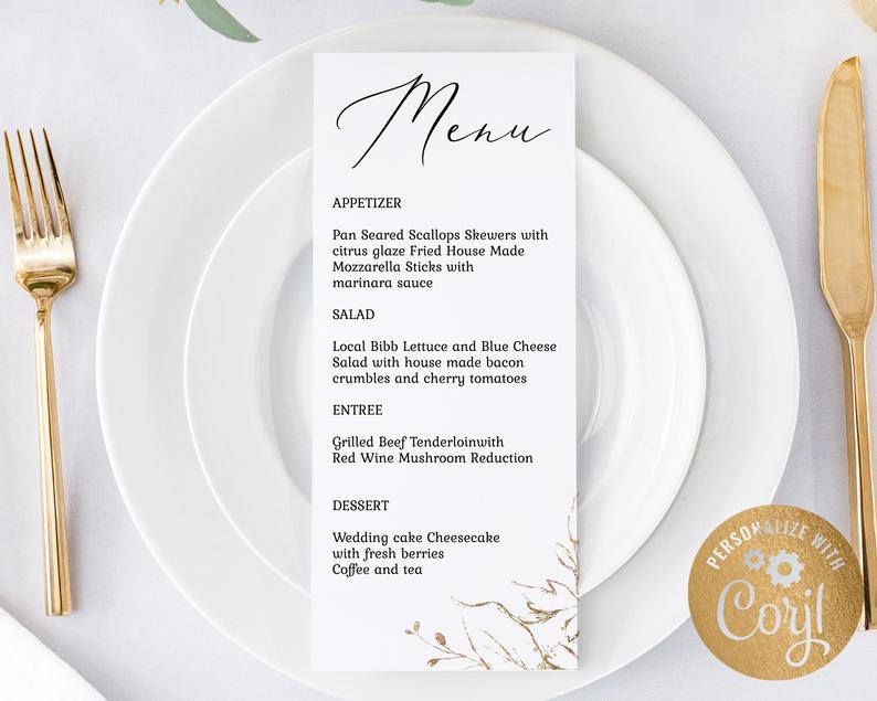 Wedding Menu Card Editable Template, Modern Calligraphy Menu Card, Elegant Wedding Dinner Card, Gold Menu Template, Corjl Template – CLG1