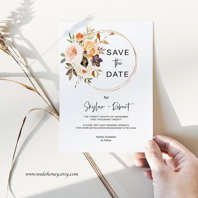 Autumn Save the Date, Fall Blush Floral Wedding, Orange Flowers, Editable Text with Corjl #057