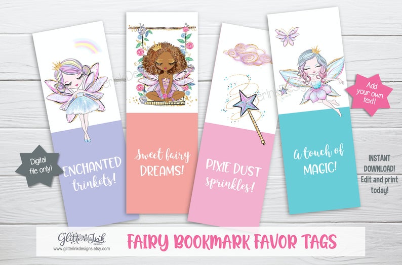 Fairy party bookmark favor tag thank you cards for birthday – enchanted garden glitter fairies, pixies and elves – edit and print yourself