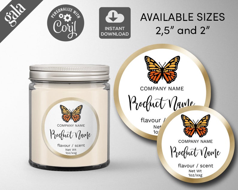 Monarch Label Template, Round Labels, Jars Candle Label Template, Butterfly Label Design, Custom Circle Label Template, DIY Label, 008