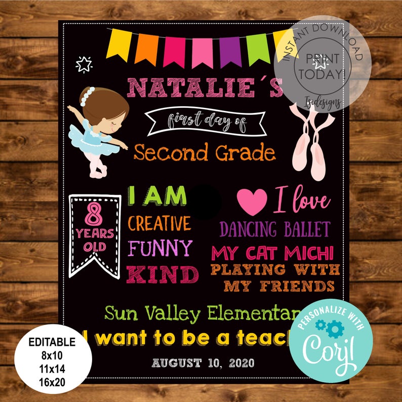 First Day of School Sign, Ballerina Editable First day Chalkboard Sign, Back to School Printable, Instant Download, Girl First day Sign