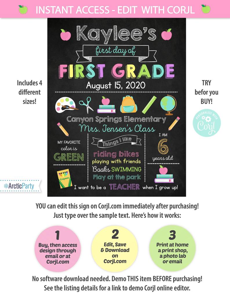 First Day of School Sign – Back to School Sign Template – Pink Back to School Chalkboard Sign – First Day of School Chalkboard Sign – Corjl