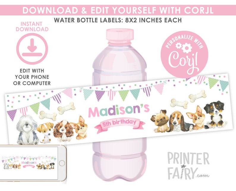 Puppy Water Bottle Labels, Dog Water Bottle Labels, Dog Birthday Party Decorations, Pet Adoption Party , Paw-ty Birthday, INSTANT DOWNLOAD