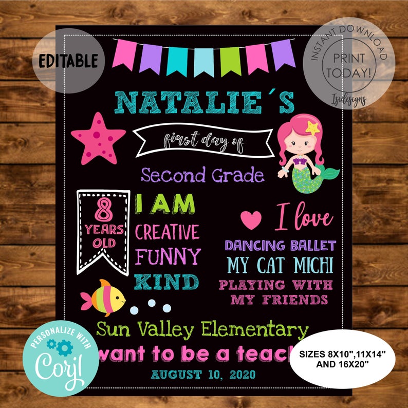Mermaid First Day of School Sign, Editable First day Chalkboard Sign, Back to School Printable, Instant Download, First Day of School Board