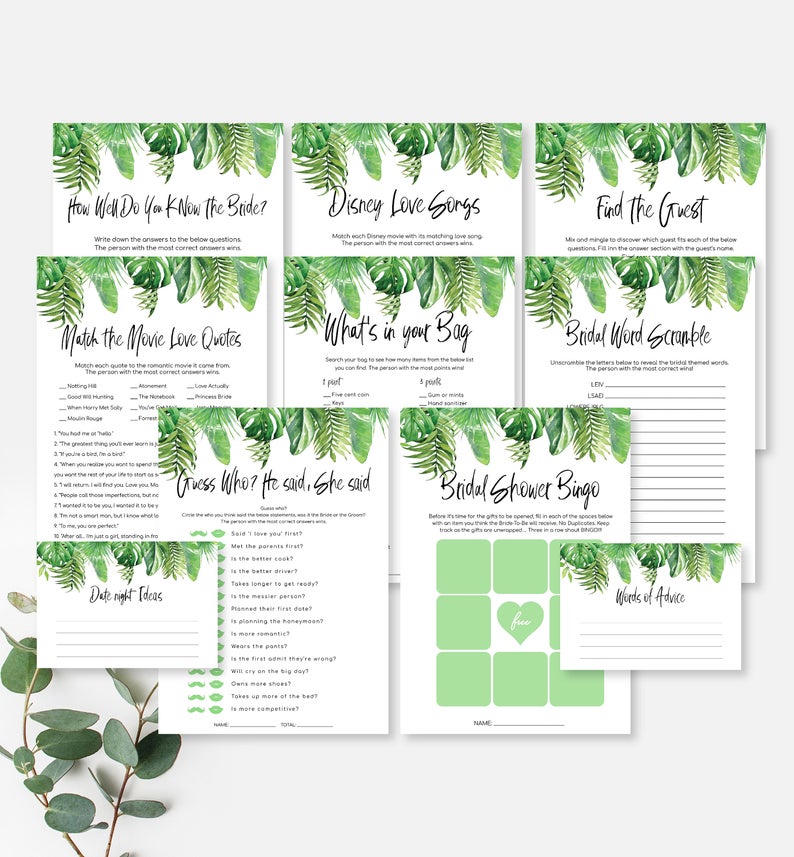 Bridal Shower Games Bundle Pack – Printable Tropical Hen’s Party Editable Games Bundle – Palm Springs Bridal Shower – Nantucket Palm