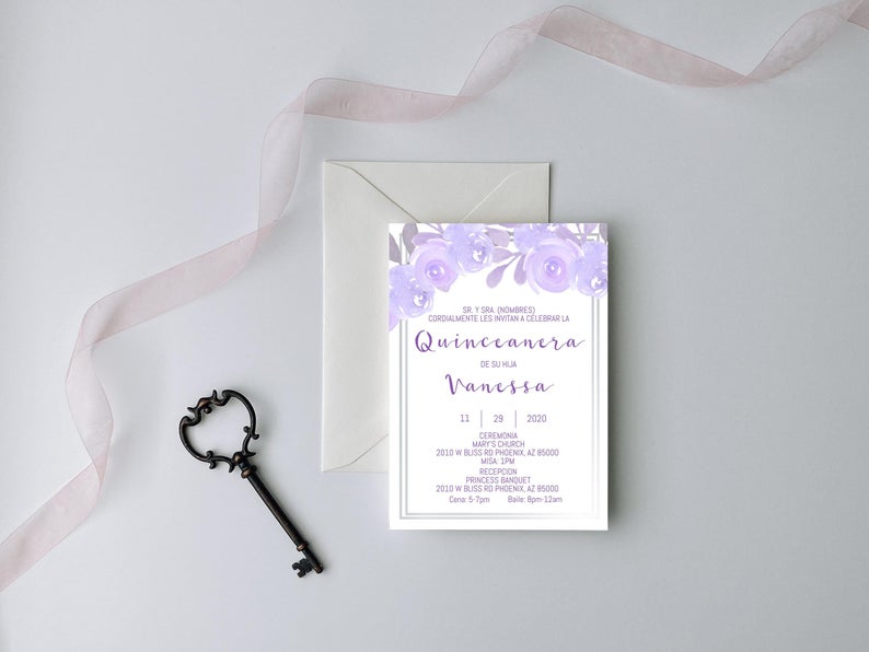 Purple and Silver Quinceanera Invitation, Quinceanera Invitation, Invitation in Spanish, Invitacion de Quinceanera, Quinceanera Template