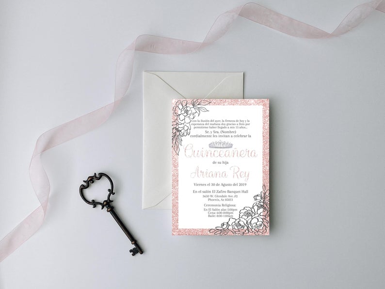 Rose Gold Glitter Quinceanera Invitation, Quinceañera, Mis Quince Anos, Invitaciones de Quinceañera, Invitación de 15 Cumpleaños, Digital