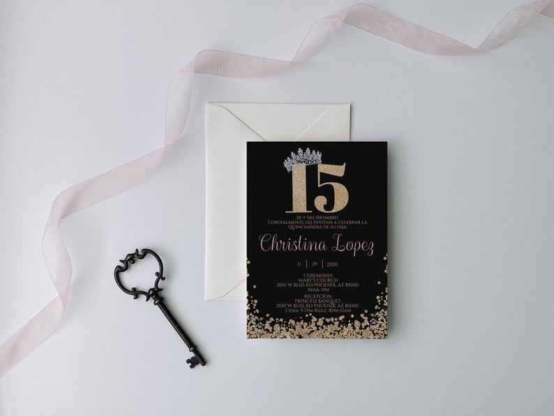 Black and Gold Quinceanera Invitation, Quinceanera Invitation, Invitation in Spanish, Invitacion de Quinceanera, Quinceanera Template