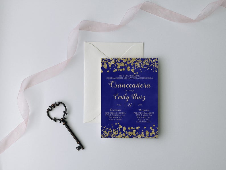 Blue & Gold Glitter Quinceranera Invitation, Quinceanera Invitation, Invitation in Spanish, Invitacion de Quinceanera, Quinceanera Template