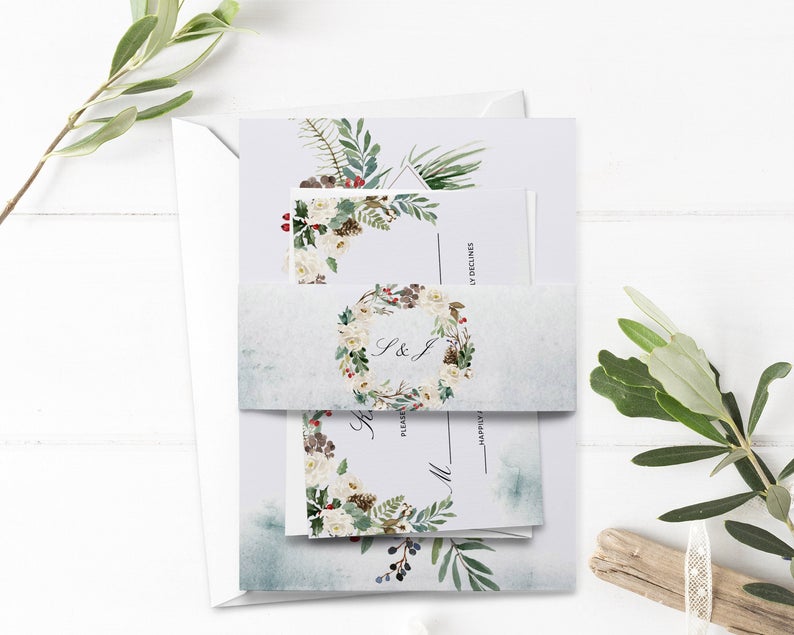 White Winter Roses Belly Band, Wedding Belly Band, Editable Printable File, Instant Download, WI200