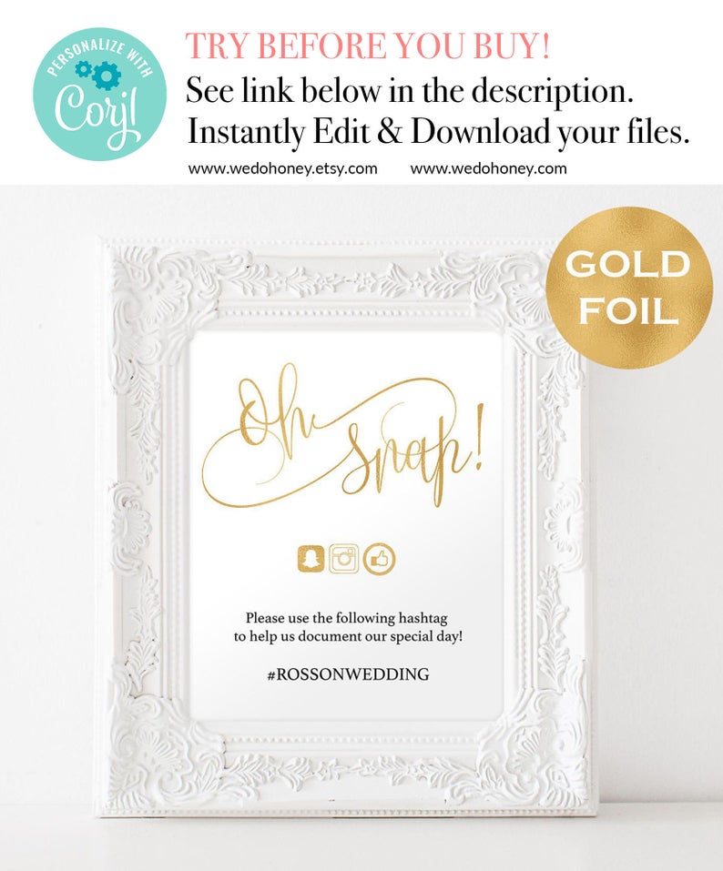Oh Snap wedding sign foil, Instagram Wedding Sign Oh Snap Sign, Gold Foil Oh Snap Wedding Sign, Gold or Rose Gold #WDH304_25