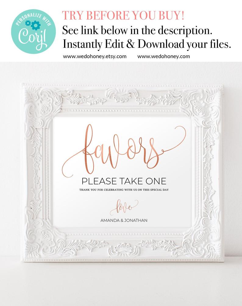 Rose Gold Wedding Favors Sign, Rose Gold Wedding Template, Pink Wedding Favor Printable, Edit prior purchase on Cojl