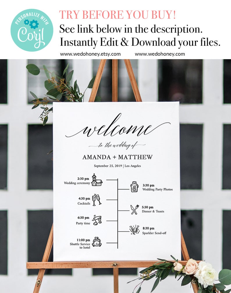 Welcome Sign Timeline, Wedding Day Timeline Printable. Timeline Sign Icons, Fully Editable, Sizes 18×24”, 24×36”, A2 and A1 #090_5