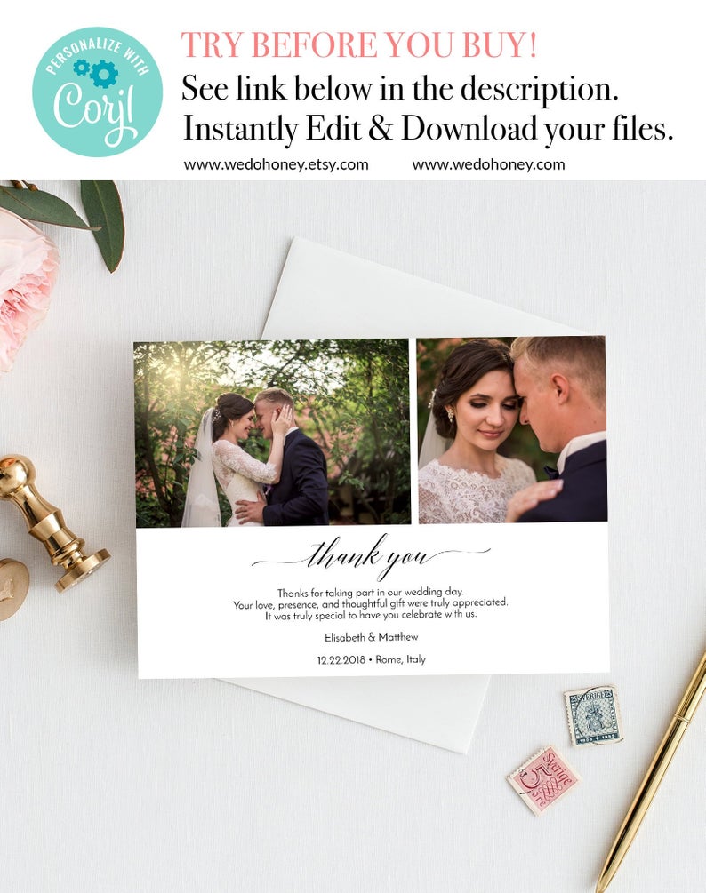 Editable Thank You Card Photo Template, Modern Script, Edit on Corjl and Print at Home, 5×7” #090_21