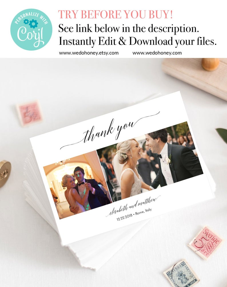 Wedding Thank You Photo Card, Editable Template, Edit on Corjl and Print at Home, 5×7” #090_20