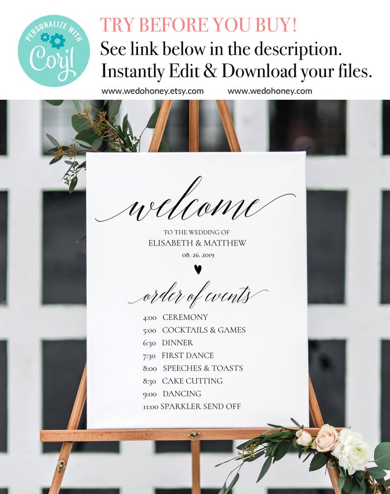 Order of Events Sign Template, Welcome Wedding Timeline Sign, Editable Welcome Sign, Order of the day, Fully Editable Text #090_2