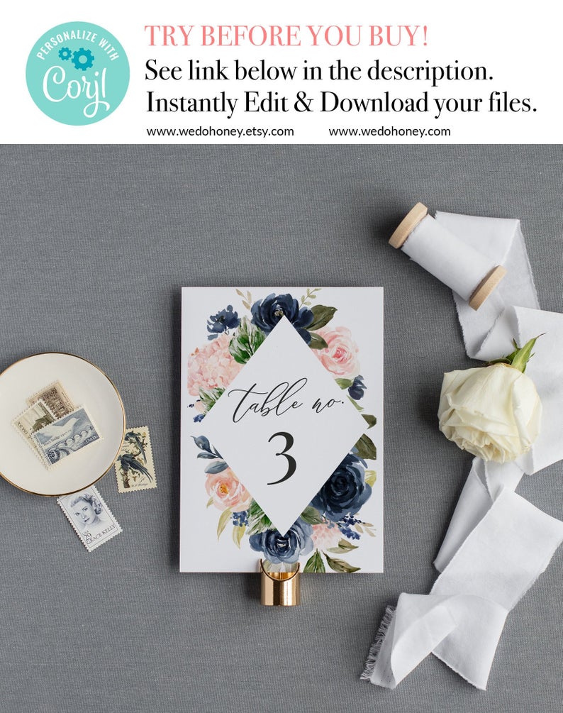 Floral Table Number Template, Navy and Pink Blush Floral Printable, Blush Florals, Editable Text, Size: 5×7” and 4×6” #021