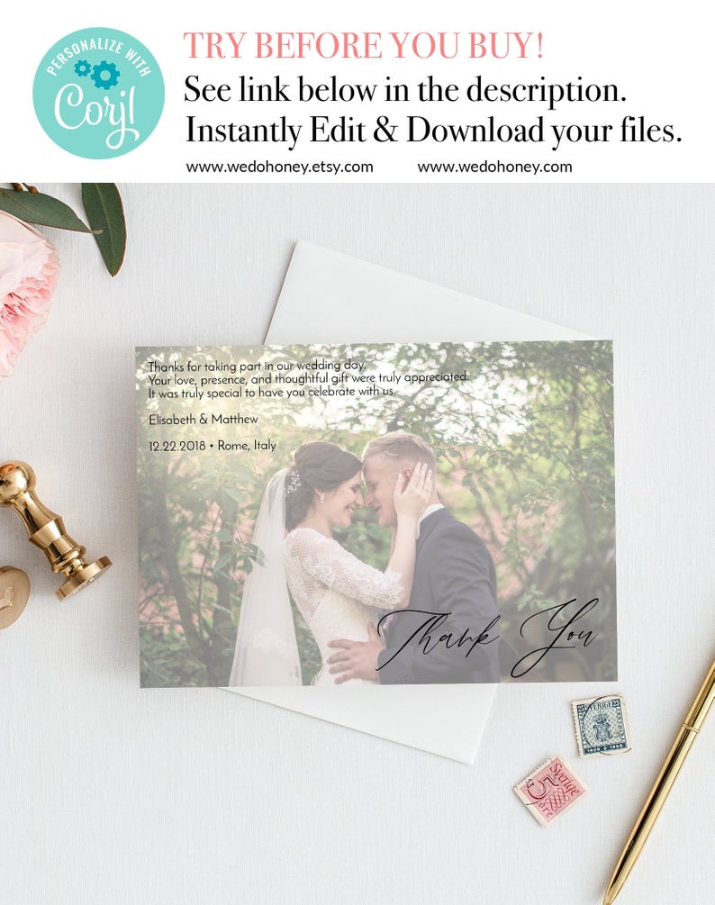 Photo Wedding Thank You Cards, Templates Download, Fully Editable