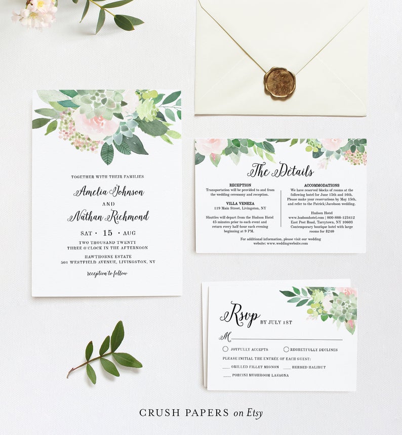 Succulent Wedding Invitation Set, Editabe Template, Printable Invite, Details, RSVP, Greenery Blush Floral, INSTANT DOWNLOAD, Corjl #001B