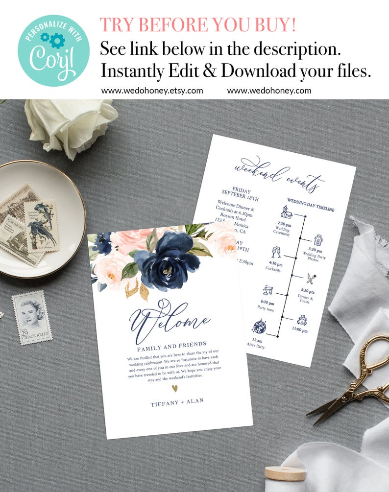 Wedding Timeline Template, Navy and Blush Pink Floral, Boho Wedding Theme, Welcome Letter Template, Instant Download #021