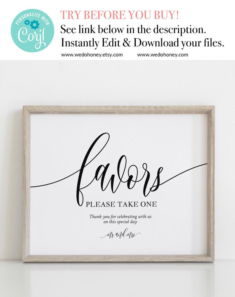 Wedding Favor Sign Template, Calligraphy Favors Sign, Wedding Party, Instant Download, Sizes: 8×10” 5×7” & 4×6” #0033_10