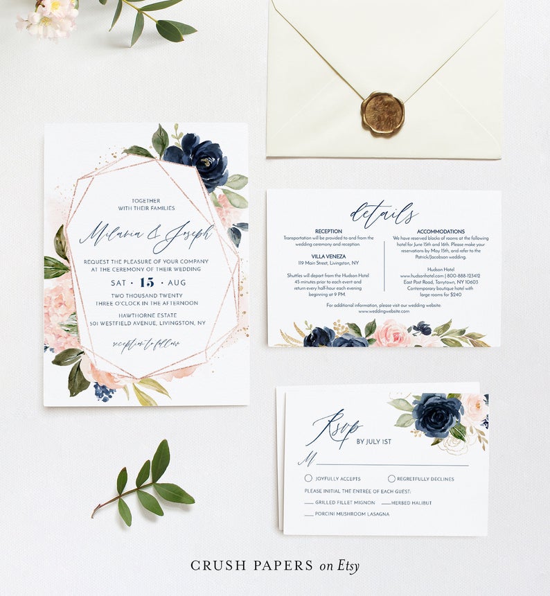 Navy Wedding Invitation Suite Template, Boho Blush Florals, Editabe Text, Printable Invite, Details, RSVP, INSTANT DOWNLOAD, Corjl #002D