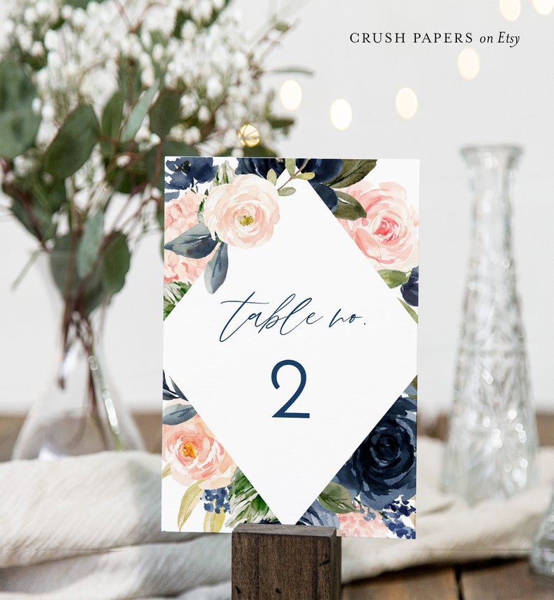 Table Number Card Template, Printable Wedding Table Seating, Navy & Blush Boho Floral, Editable, Instant Download, Corjl, 4×6 #002-202TC
