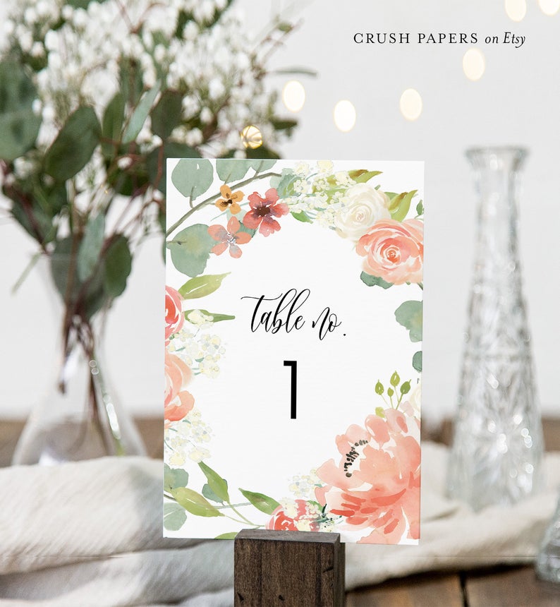Peach Floral Table Number Card Template, Printable Wedding Table Seating, Boho Greenery, Editable, Instant Download, Corjl, 4×6 #003-203TC