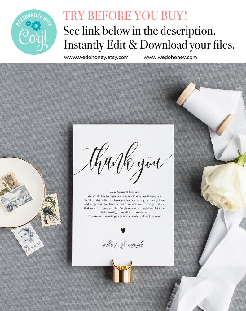 Thank You Letter Template, Welcome Note, Wedding In Lieu of Favor Card, Editable Text, Instant Download, Sizes: 4×6” and 5×3.5” #0033_1