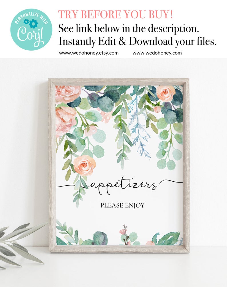 Appetizers Sign Wedding, Floral Garden Reception Signage, Editable Text #048
