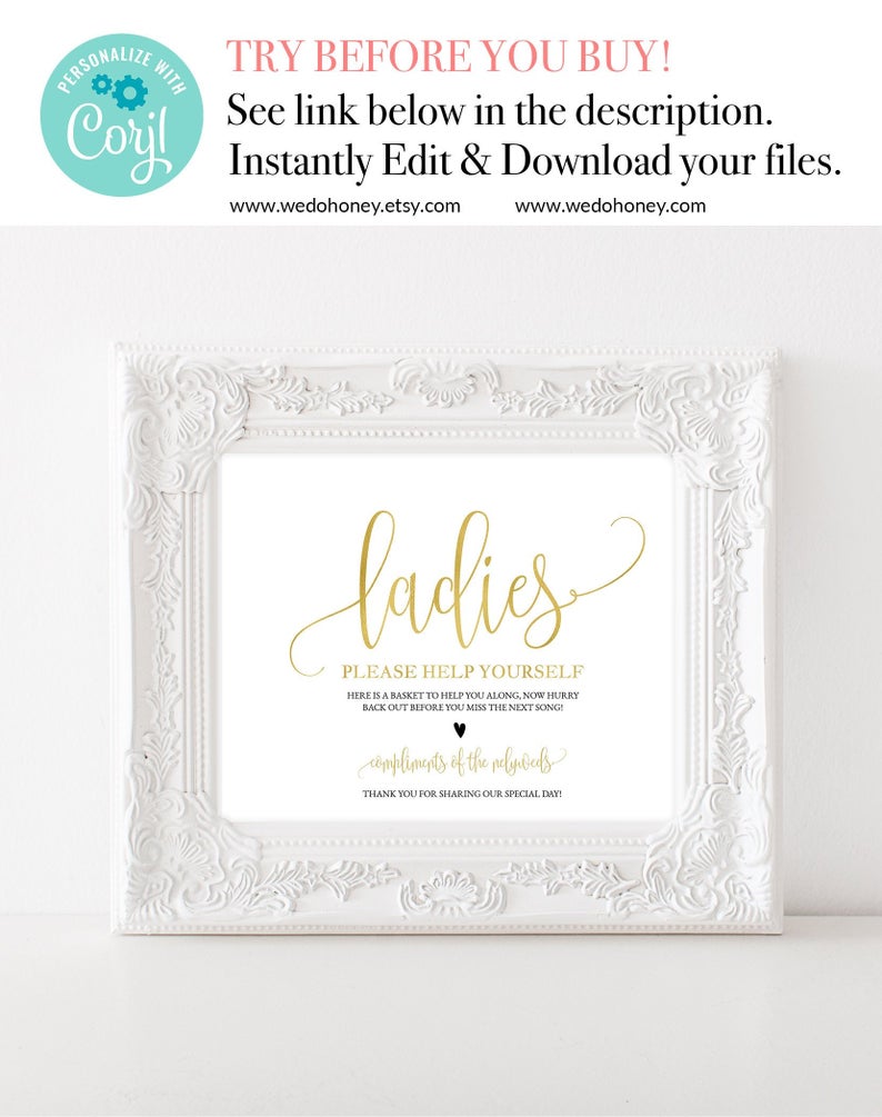 Gold Wedding Bathroom Signs, Ladies Bathroom Sign, Editable Text, Edit on Corjl