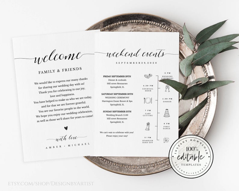 Wedding Timeline Insert | Welcome Bag Welcome | Itinerary Template | Weekend Timeline | INSTANT DOWNLOAD