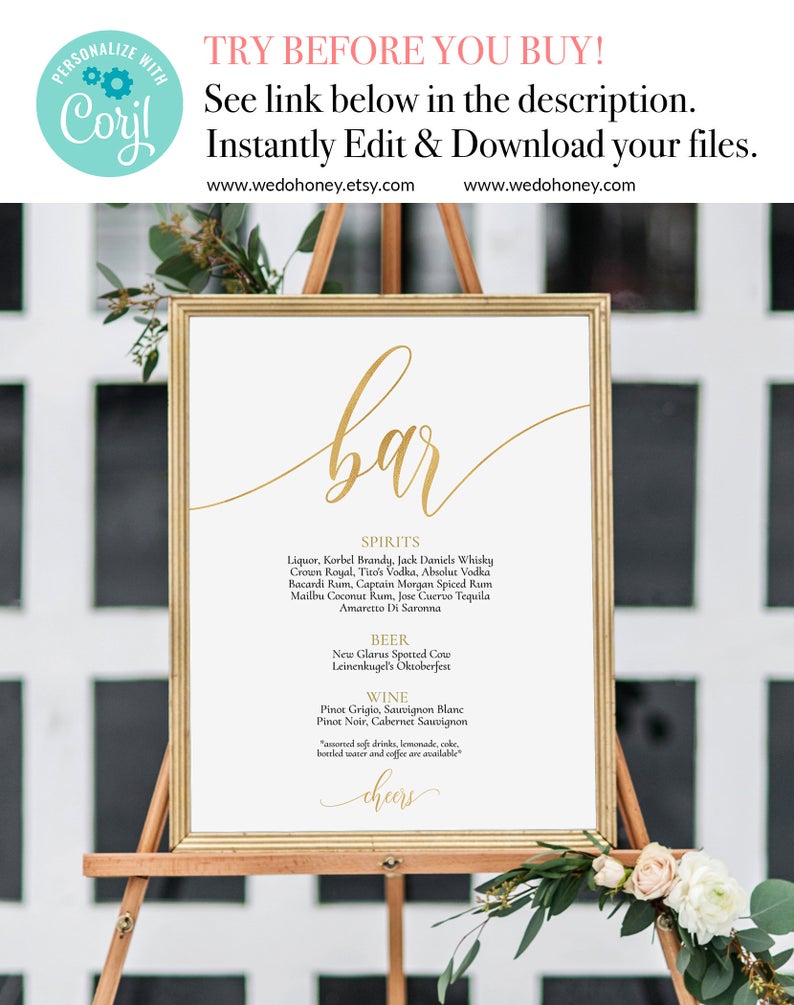 Gold Bar Menu Sign Template, Editable Text, Instant Download #0035