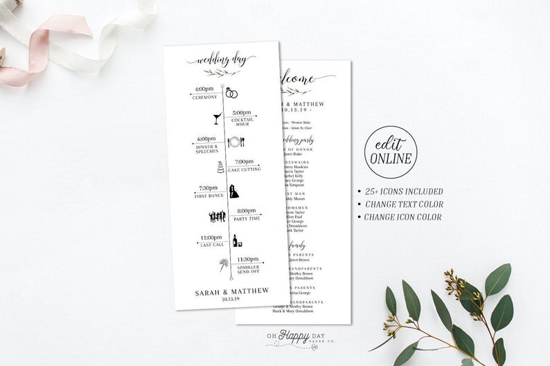 Edit Yourself Printable Wedding Day Timeline and Program • DIY Edit Online & Print Today • Editable Wedding Itinerary Program