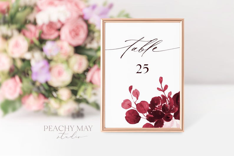 Burgundy Printable Table Numbers, Table Numbers, Table Numbers Template, Editable Instant Download, DIY Table Number Card Template #TN034 G