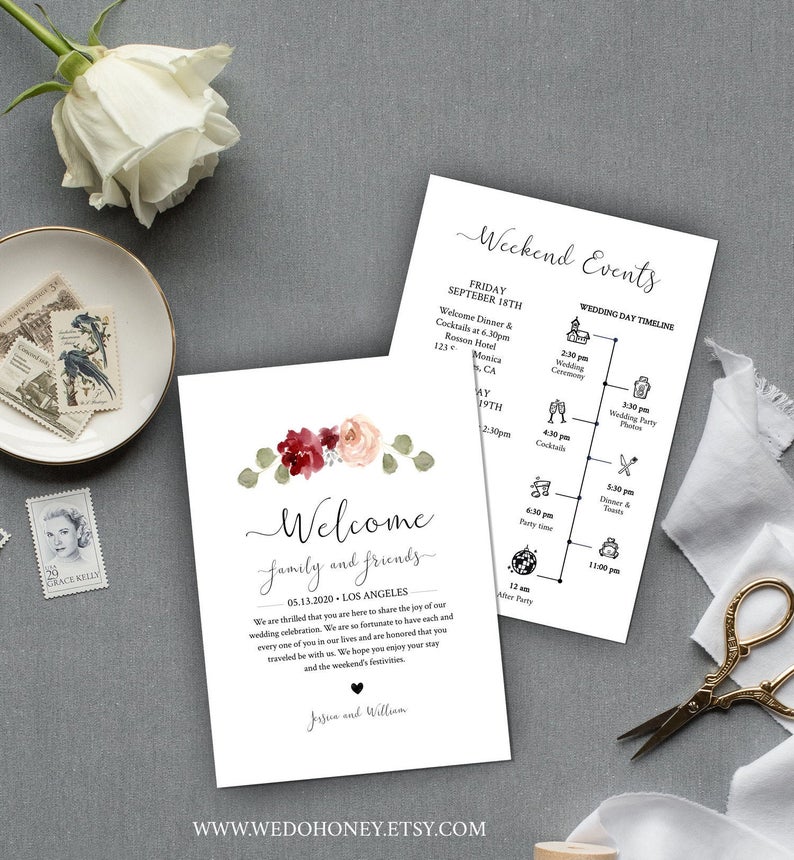 Wedding Timeline Template, Dusty Pink and Burgundy Flowers, Editable Welcome Bag Note, Instant download #065_8